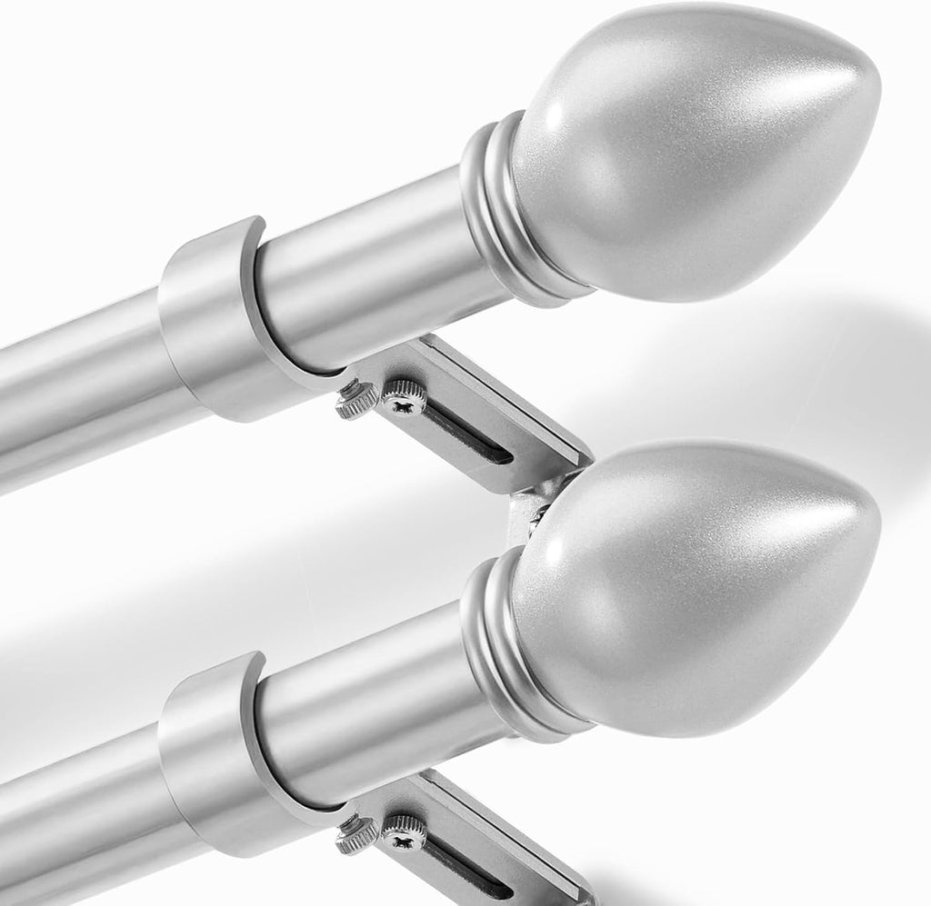 Curtain Rods for Windows 16 to 76 inches, Curtain Rod Max Adjustable Length to 88 in, Drapery Rod 1 inch Diameter with Modern Knobs Finials (Satin Silver, 16" to 76" - Set of 2)