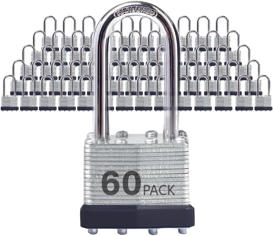Lock Outdoor Padlocks, Key Lock, Padlocks with Same Key - Laminated Steel Keyed Padlocks with Long Shackle, 60 Pack, for Hasp Latch, Sheds, Fences, Storage Locker, School, Gym