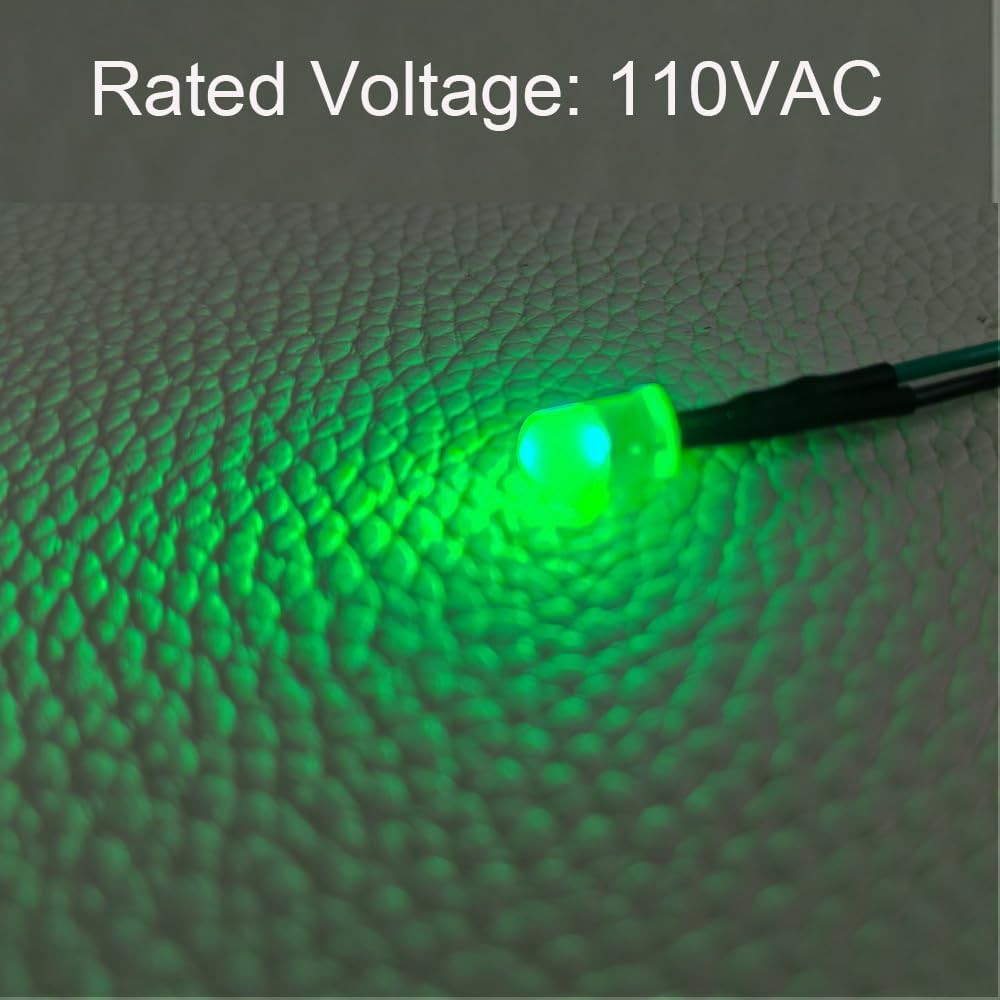 50pcs 110VAC 5mm Green LED Lights Emitting Diodes, Prewired 7.9 Inch V LED Light Diffused Colored Lens Small LED
