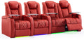 Weilianda Home Theater Seating Top Grain Leather Zero Gravity Recliner Chair Power Headrest Recline Movie Seat Gaming 7 Colors Mood Light Sofa with Tray Table USB Charge Row of 4 Loveseat Right Red