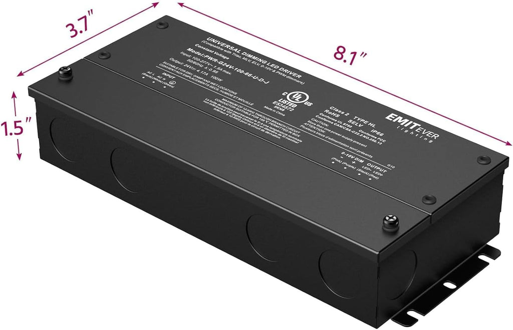EMITEVER Dimmable Led Driver, 2 Packs 100W AC 110V-277V to DC 24V Transformer, 5-in-1 Dimming: ELV/MLV/TRIAC / 0-10V / 1-10V / 10V PWM/Potentiometer, Waterproof IP67 and UL Listed