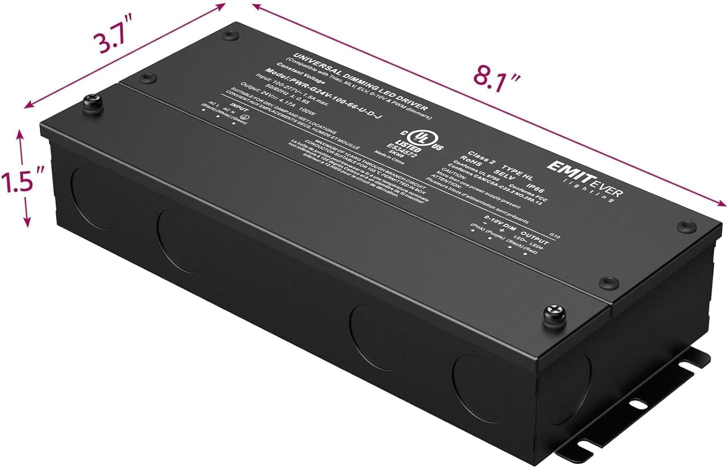 EMITEVER Dimmable Led Driver, 2 Packs 100W AC 110V-277V to DC 24V Transformer, 5-in-1 Dimming: ELV/MLV/TRIAC / 0-10V / 1-10V / 10V PWM/Potentiometer, Waterproof IP67 and UL Listed