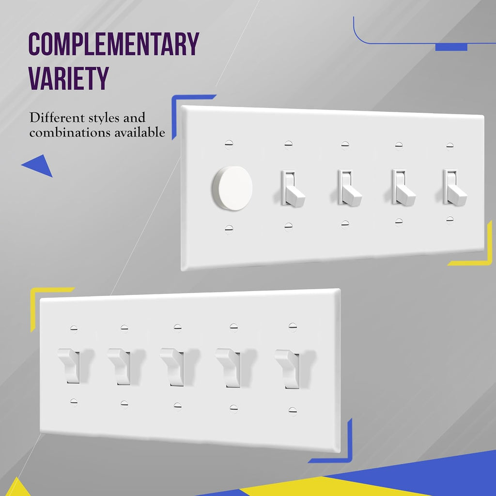 ENERLITES Toggle Light Switch Wall Plate, Gloss Finish, 5-Gang 4.50" x 10.03", Unbreakable Polycarbonate Thermoplastic, UL Listed, 8815-W-2-PCS, White, 2 Pack