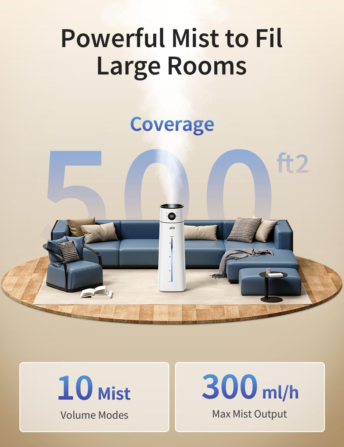 JRD 8L/ 2.1Gal Humidifier Large Room, Ultrasonic Cool Mist for Bedroom, Quiet Humidifier with Remote Control, 10 Mist Modes, 24H Timer, 40H Run, AI Mode, Night Light for Home Office Baby Pets-White