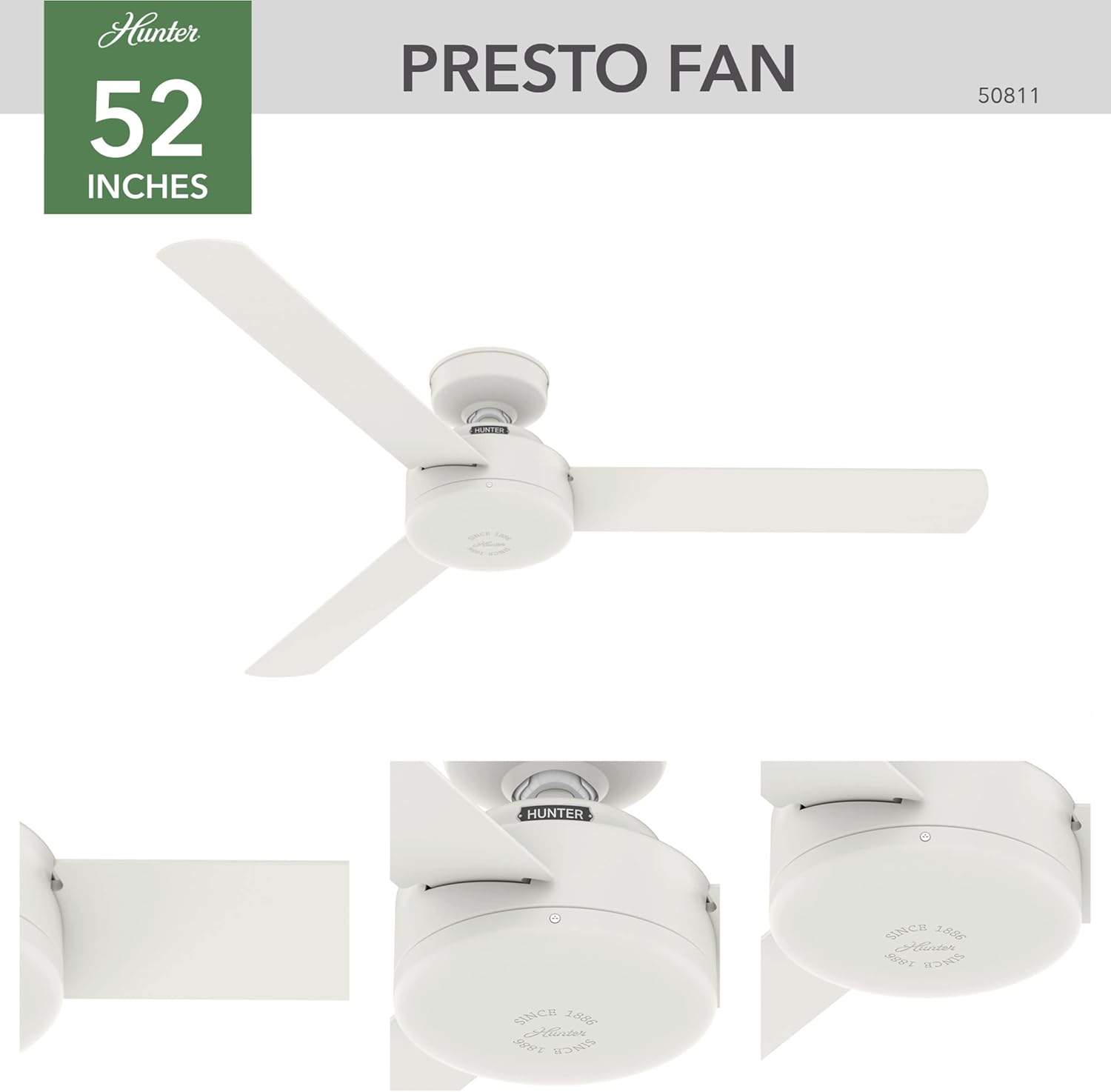 Hunter 52 inch Indoor Ceiling Fan No Light - White Modern Ceiling Fan without Light, 3 Blades, Standard Mount, For Bedroom, Living Room, or Kitchen, Wall Control - Presto 50811, Matte White