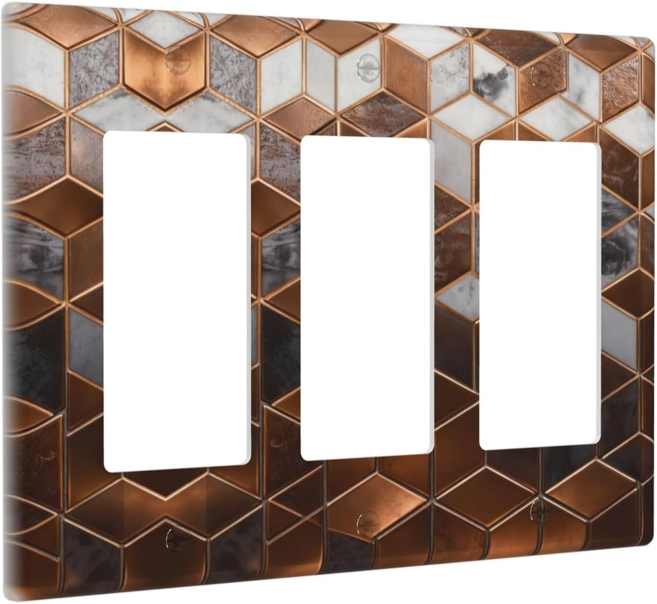 Brown Abstract Luxury Modern Geometric Cubic Marble 3 Gang Triple Rocker Decorative Light Switch Covers Electrical Faceplate Switch Plates for Bathroom Kitchen Home