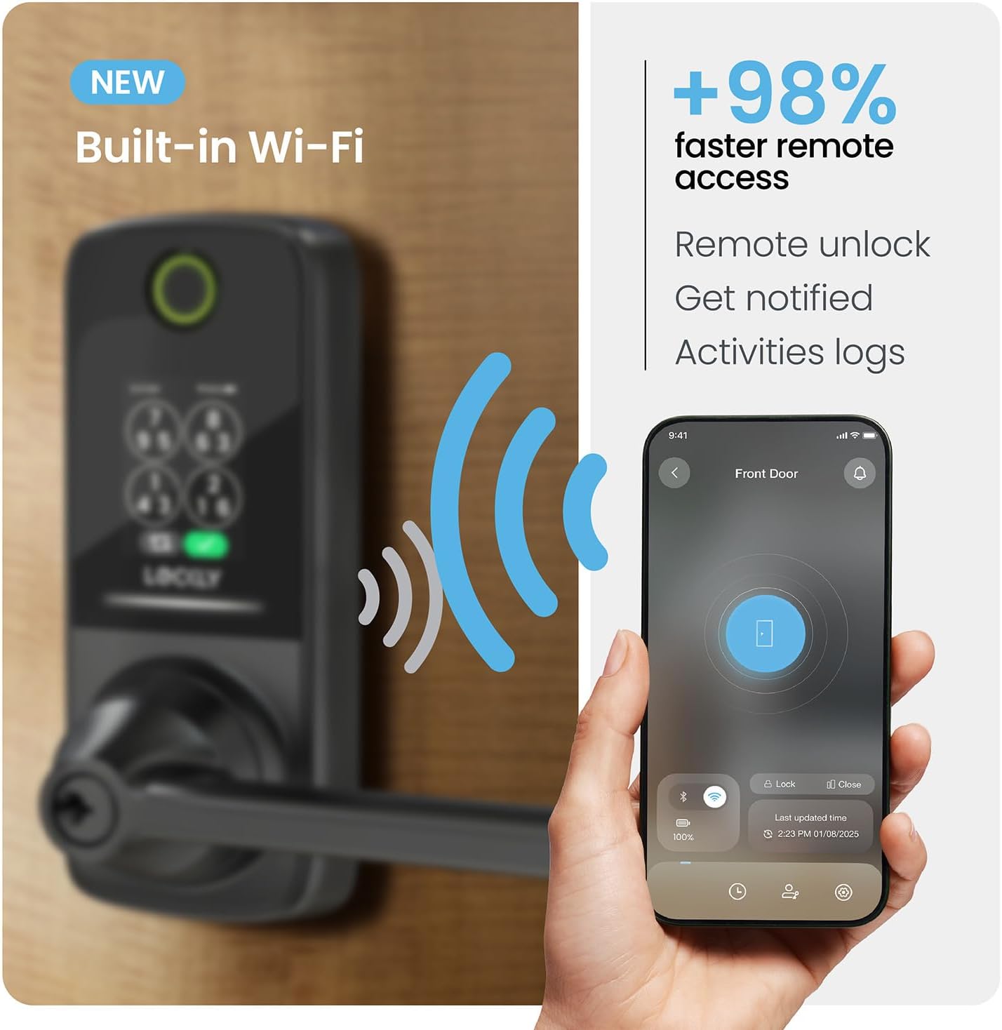 Lockly Smart Lock Secure Pro (2025 Latest Version),Fingerprint Door Lock, Keyless Entry, Built-in Wi-Fi Latch, PIN Genie Keypad (Black)