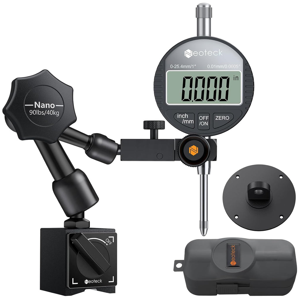 Neoteck 1"/25.4mm (0.0005"/0.01mm) Digital Indicator Set Dial Indicator and Magnetic Base Set with Storage Case, Ideal for 3D Printer Lathe Workshop CNC Machine Table Saw-90lbs(40kg) Max Pull-Black