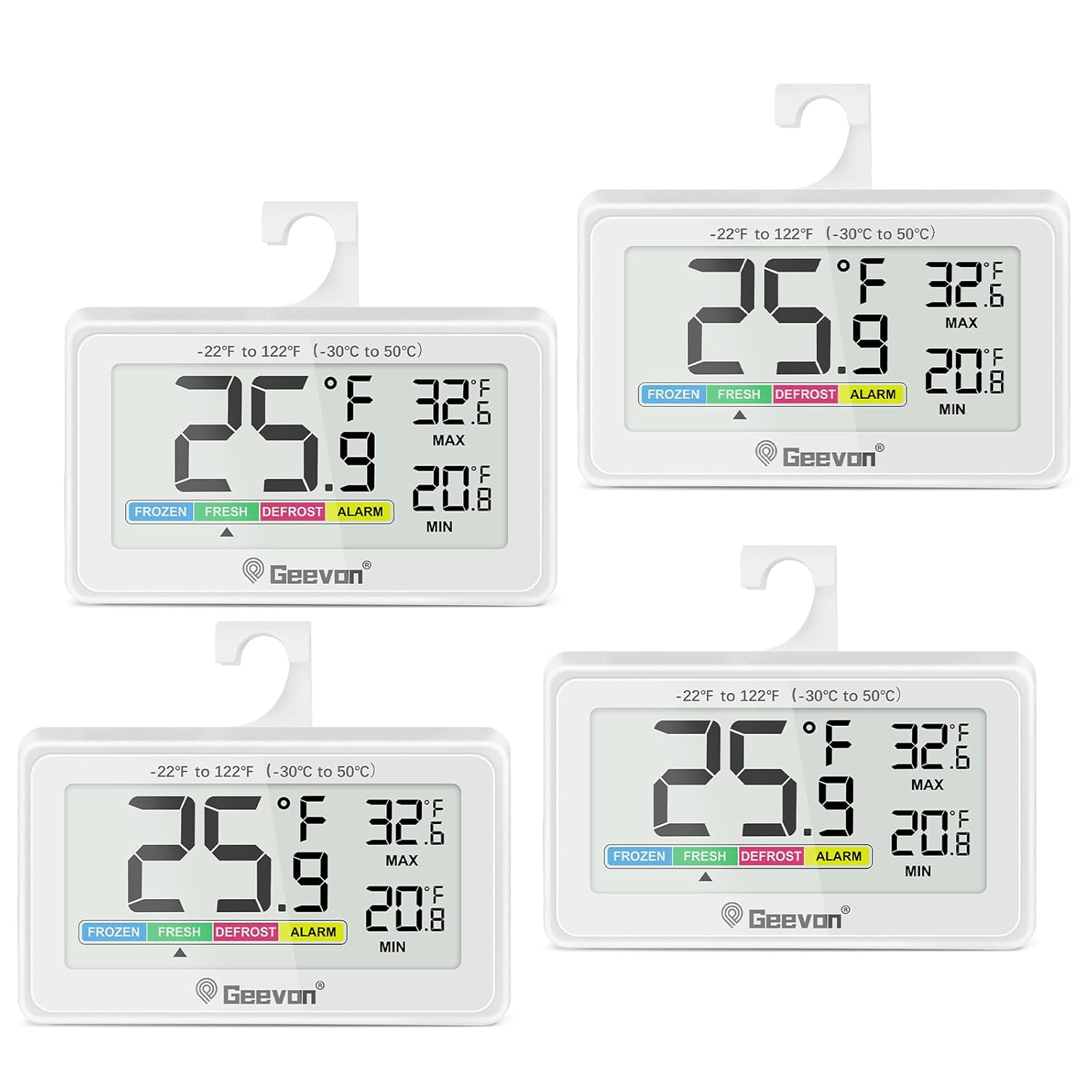 Geevon Digital Refrigerator Thermometer 4 Pack, IP65 Waterproof Fridge and Freeze Thermometer with Magnetic Back Large LCD，Max/Min Record Function for Home,Commercial