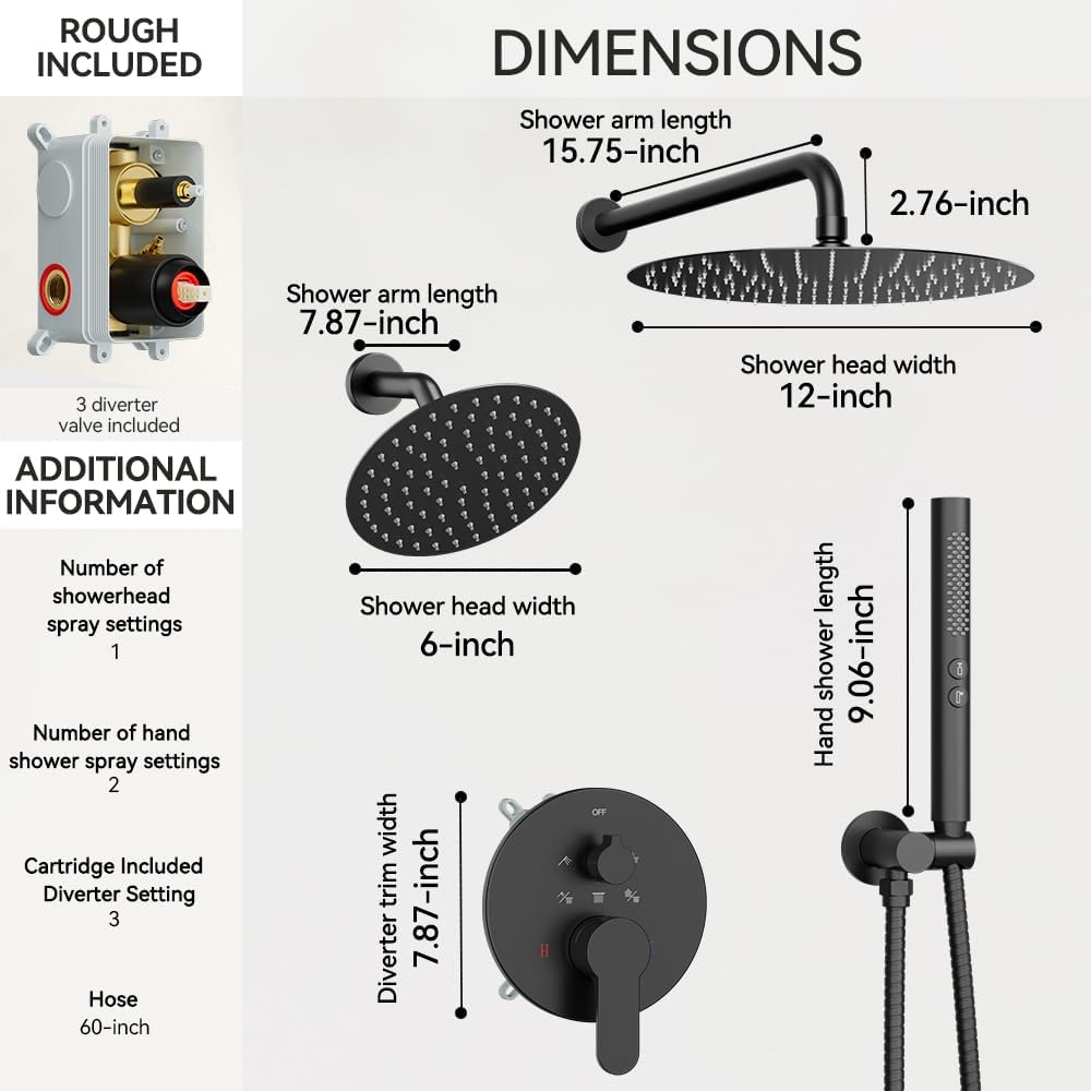 Shower Systems STARBATH 12+6" Round Dual Rainfall Shower Head with Handheld Spray for Two People, Wall Mounted 3 Way Rain Shower Faucet Sets Complete, Included Valve and Trim Kit, Matte Black