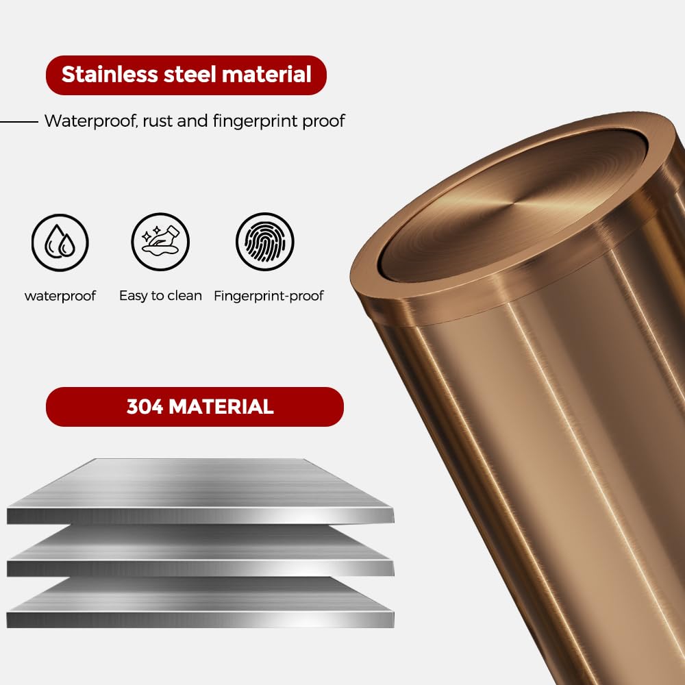 Antique Brass Bathroom Trash can with lid，Stainless Steel,Small Grabage Can with Flipping Lid, 9L/2.4Gal for Living Room,Bedroom,Guest Room,Hotel (Rose Gold)