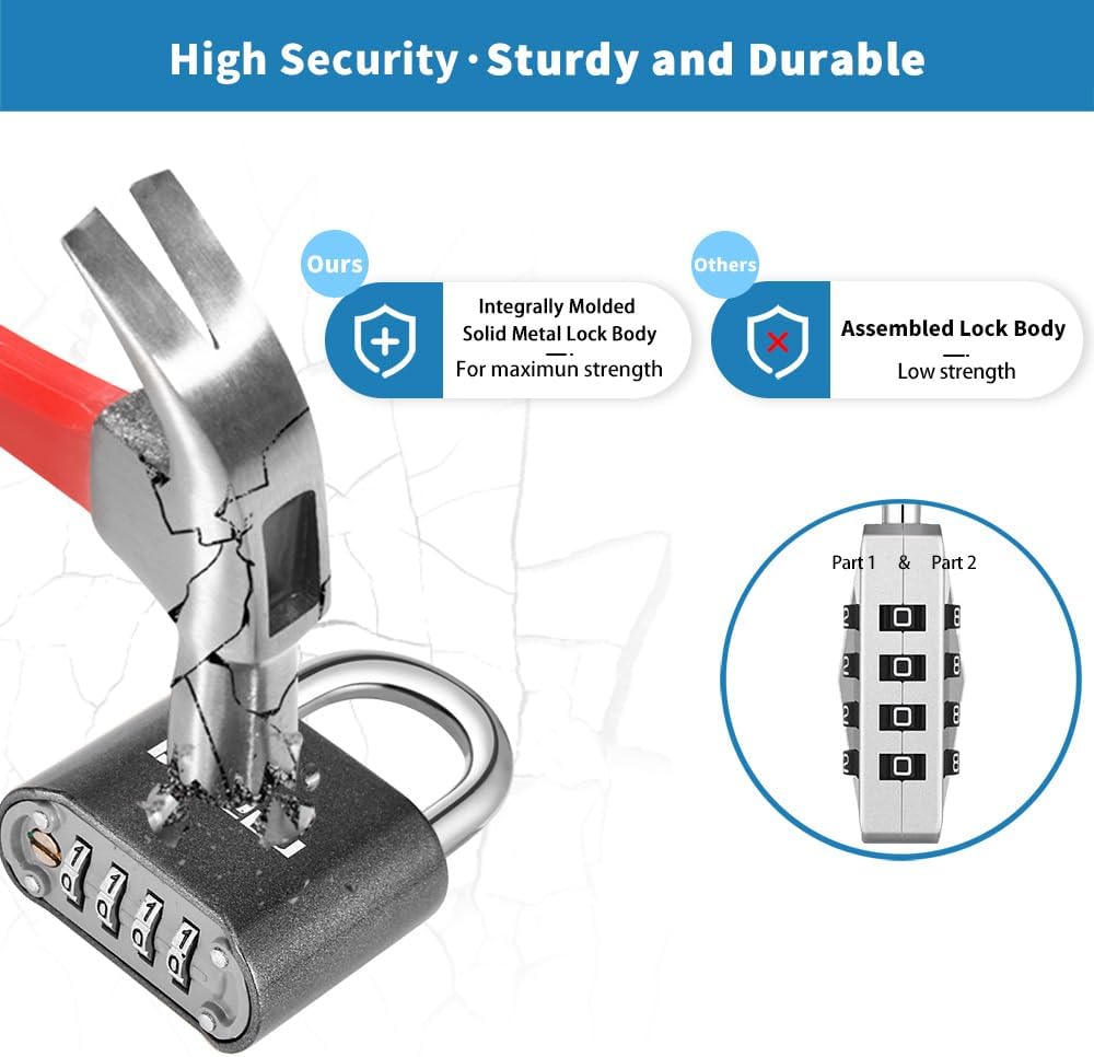 1 Pack disecu Heavy Duty 4 Digit Combination Lock, Anti-Error Feature, Outdoor Waterproof Padlock for School Gym Locker, Fence, Gate, Hasp Storage, Toolbox (Gun Black)