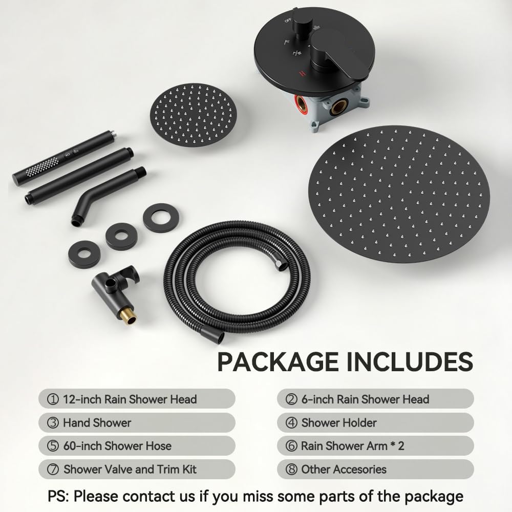 Shower Systems Shower Faucet Sets STARBATH 3 Way 12+6" Round Dual Rainfall Shower Head with Handheld Spray Combo, Ceiling Mounted Rain Shower Valve with 5 Diverter and Trim Kit Complete, Matte Black