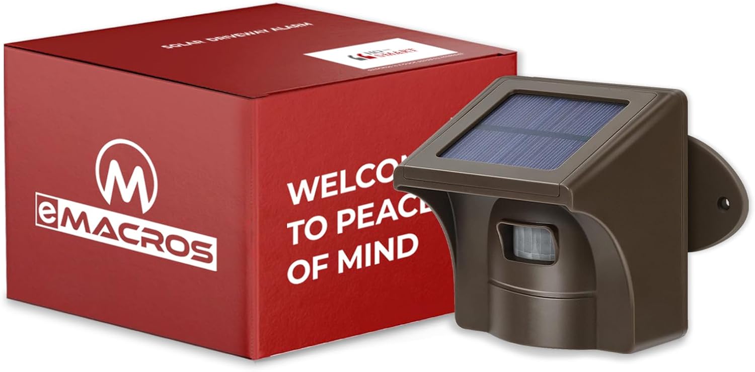 eMACROS Solar Wireless Driveway Alarm — 1/2 Mile Long Range Motion Sensor for Long Driveways, Homes & Large Properties, Outdoor Weatherproof Security Alert System (Single Sensor)