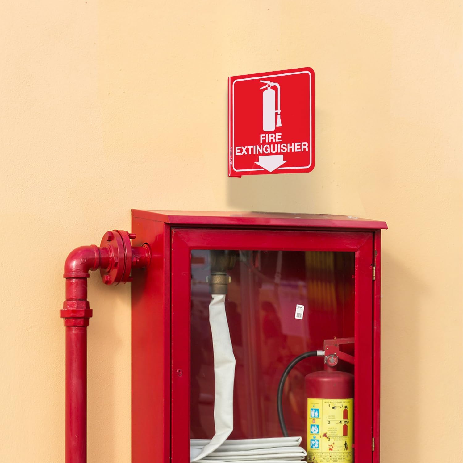 GicnKeuz Fire Extinguisher Sign, 6" x 6" Fire Extinguisher Projecting Sign with Down Arrow, Two-Sided Acrylic L-Signs, Including Screws, Easy to Install, Home Office/Business Use (4 Pack)
