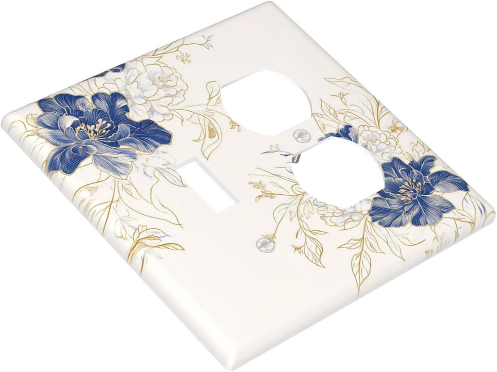 Decorative Outlet Covers Rustic Blue Flower Floral Gold Leaf 2 Gang Light Switch Cover Plate Single Toggle Duplex Wall Plates for Electrical Outlets Switch Plate Covers for Home Decor