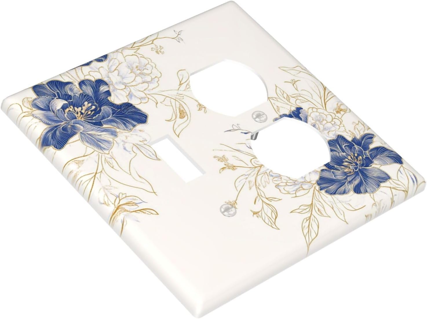 Decorative Outlet Covers Rustic Blue Flower Floral Gold Leaf 2 Gang Light Switch Cover Plate Single Toggle Duplex Wall Plates for Electrical Outlets Switch Plate Covers for Home Decor