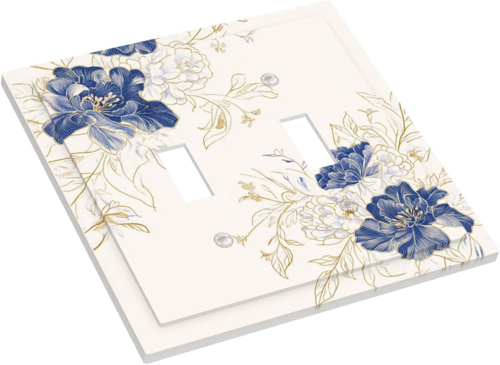 Decorative Light Switch Cover Plate Rustic Blue Flower Floral Gold Leaf 2 Gang Outlet Covers Double Toggle Wall Plates for Electrical Outlets Switch Plate Covers Faceplate for Home Decor
