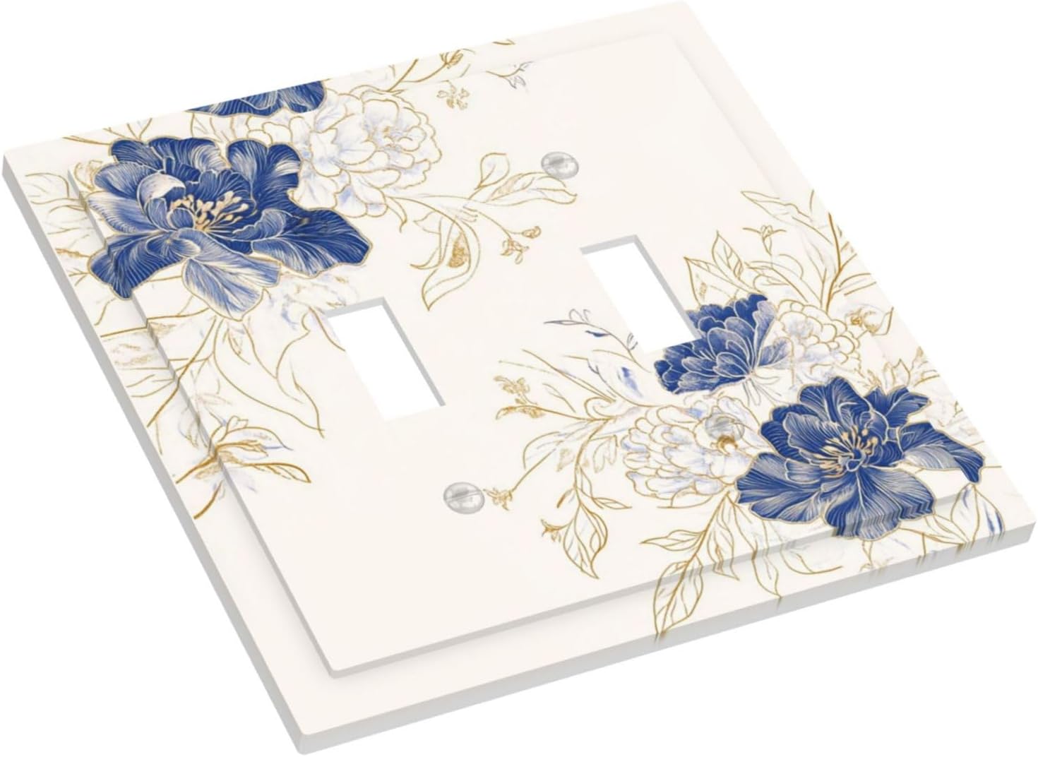 Decorative Light Switch Cover Plate Rustic Blue Flower Floral Gold Leaf 2 Gang Outlet Covers Double Toggle Wall Plates for Electrical Outlets Switch Plate Covers Faceplate for Home Decor