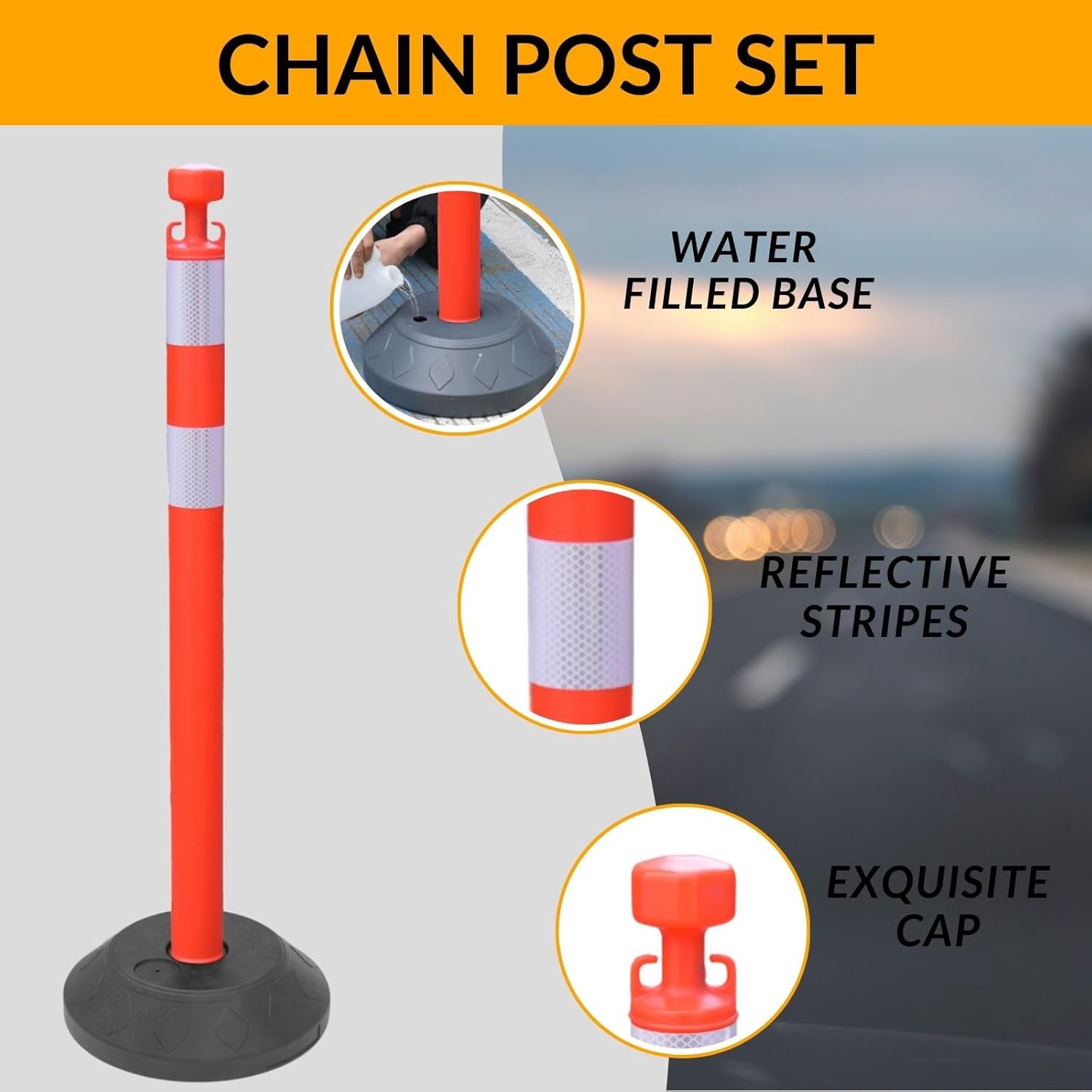 6 Pack 40 Inch Traffic Delineator Posts with Fillable Base and 6.6FT Plastic Chain, Safety Delineator Post Cones with 2 White Reflective Stripes for Construction Work (Red)