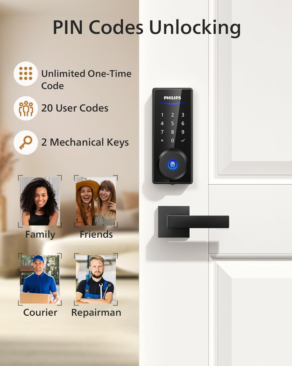 Philips Front Door Lock Set, Electronic Fingerprint Lock with 2 Lever Handles, Keyless Entry Door Lock with Handles, Auto Locking, Fingerprint Unlock, Touchscreen Keypad with Key