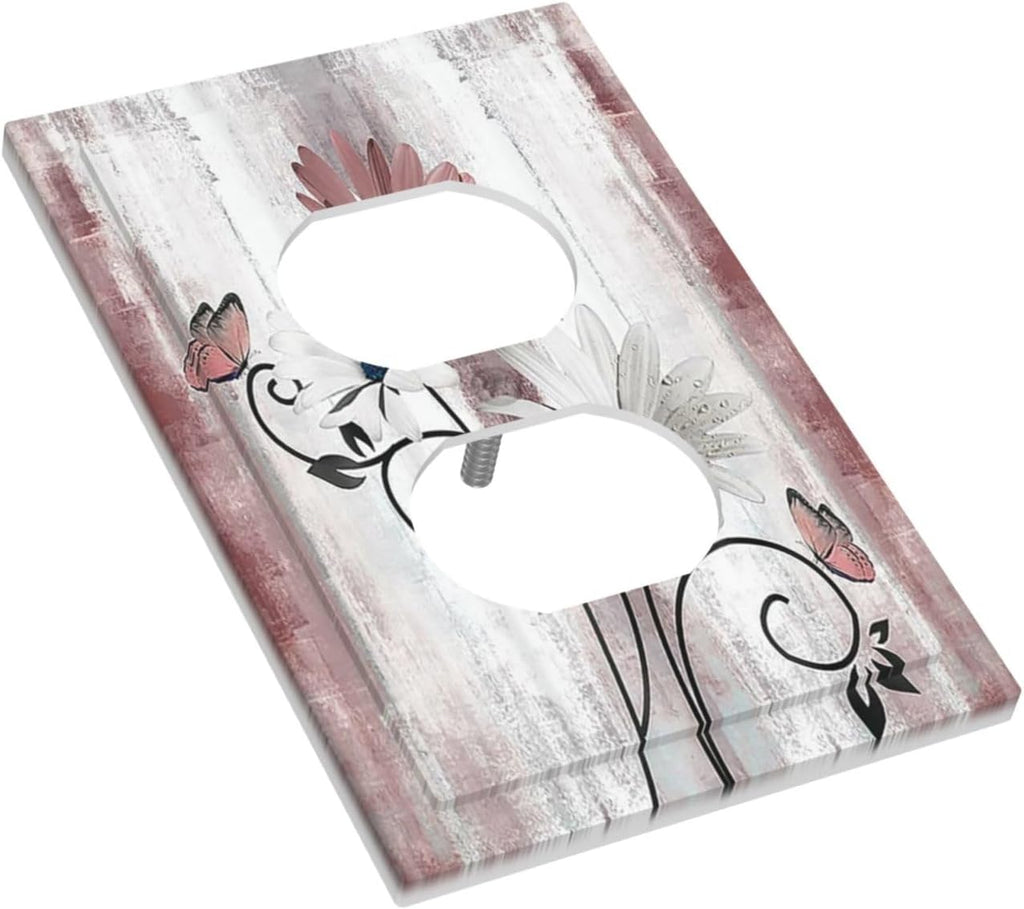 Outlet Covers Pink White Daisy Butterfly Wood Grain 1 Gang Duplex Wall Plate Decorative Switch Plates Electrical Receptacle Faceplate Light Switch Cover for Farmhouse Bathroom Decor