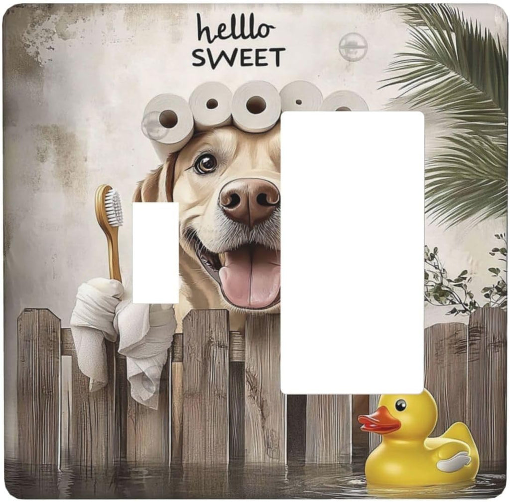 Funny Dog Rustic Farmhouse Wooden Fence Labrador Outlet Covers 1 Toggle 1 Rocker Combination Decorative Wall Plate Electrical Switch Plates Light Switch Cover Plate For Kids Room Bathroom Decor