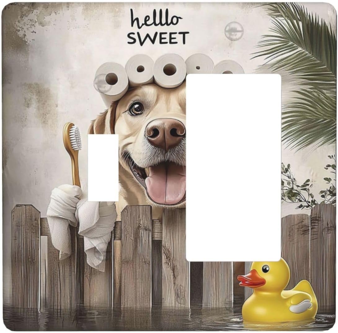 Funny Dog Rustic Farmhouse Wooden Fence Labrador Outlet Covers 1 Toggle 1 Rocker Combination Decorative Wall Plate Electrical Switch Plates Light Switch Cover Plate For Kids Room Bathroom Decor
