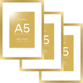 Homeforia A5 Picture Frame Gold, High End Metal 5.8 x 8.3 Frames Matted to 4.1 by 5.8 inch Photo, A5 Frame with Mat A6, 5.8x8.3 Poster Frames, 8.3x5.8 Display Frame, Tempered Glass, Wall Kit, Set of 3