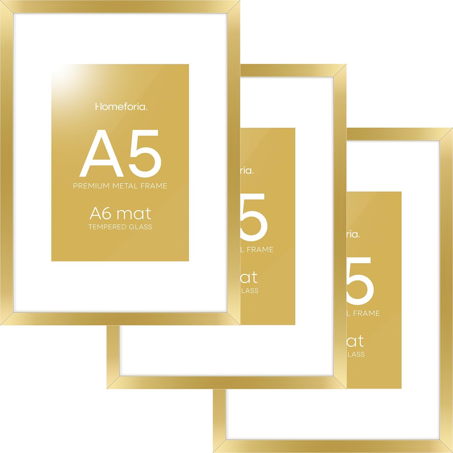 Homeforia A5 Picture Frame Gold, High End Metal 5.8 x 8.3 Frames Matted to 4.1 by 5.8 inch Photo, A5 Frame with Mat A6, 5.8x8.3 Poster Frames, 8.3x5.8 Display Frame, Tempered Glass, Wall Kit, Set of 3