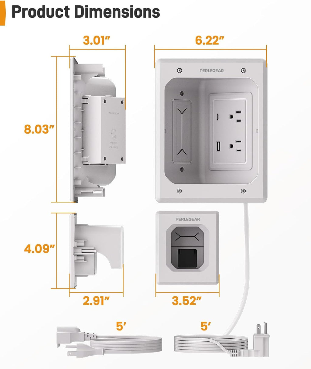Perlegear TV in-Wall Cable Management Kit, USB and Typ C Ports Cord Hider for Wall Mount TV with Recessed Power, Includes Drill Templates, Dust Bags, Drywall Saw, Extension Cable