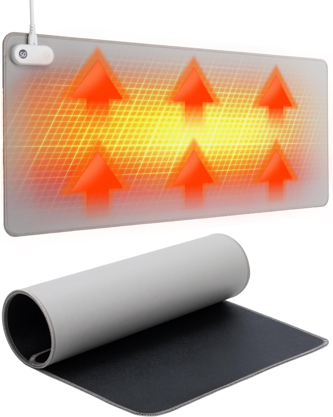 Resen Heated Desk Pad, 31.5x13 Fast Heating Mouse Pad with 5 Temperature Settings, Digital Display, Auto Shut-Off, PVC Leather Surface for Office and Home Use, Energy Efficient & Safe (Grey)