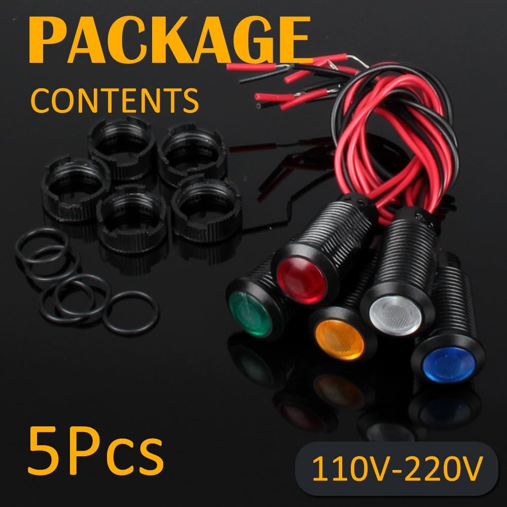 5pcs 12mm LED Indicator Light Plastic Black Signal Dot Lamp 110-220VAC 1/2 inches Mounting Hole Size with 15cm/5.9in. Wire (Mix:Red White Yellow Blue Green)