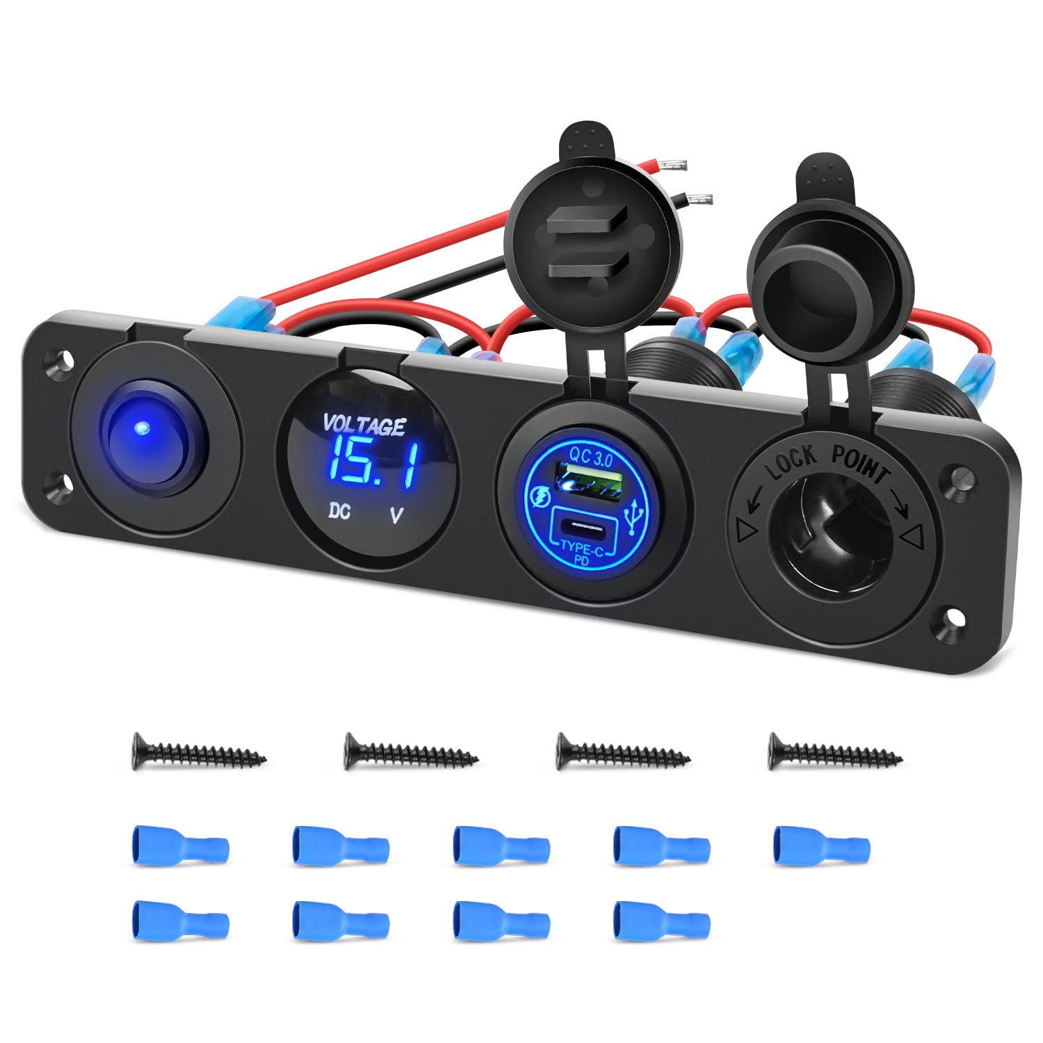Nilight 4 in 1 ON/Off Charger Socket Panel PD Type C and QC 3.0 USB Power Outlet LED Voltmeter Cigarette Lighter Rocker Toggle Switches for Truck Car Boats RV