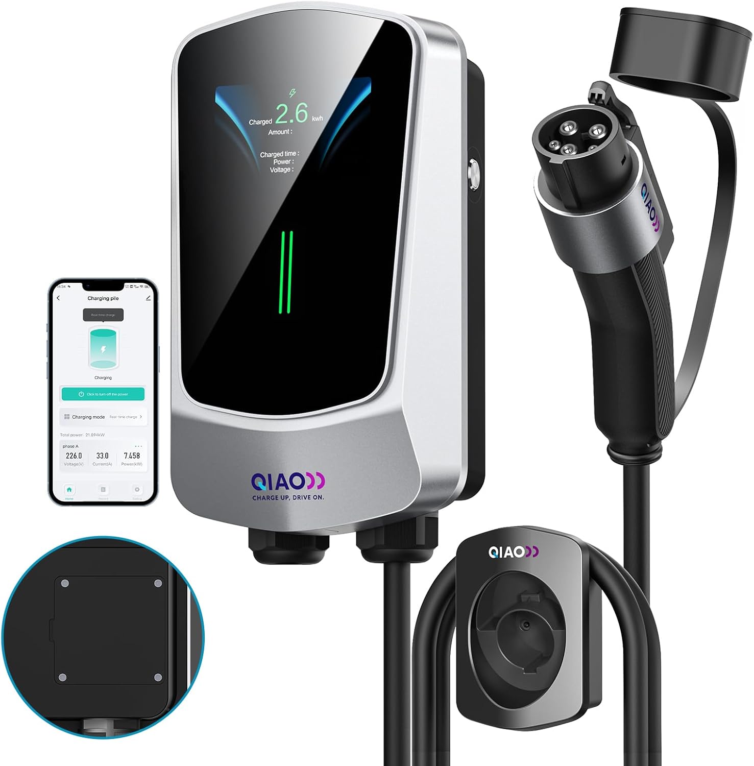 QIAO Level 2 EV Charger Hardwired, Home Charging Station UP to 48A, 240V with Smart APP & Scheduled Charging, J1772 Compatible for All EVs/PHEVs, 25ft Cable, 4.3in Display, IP65 Waterproof