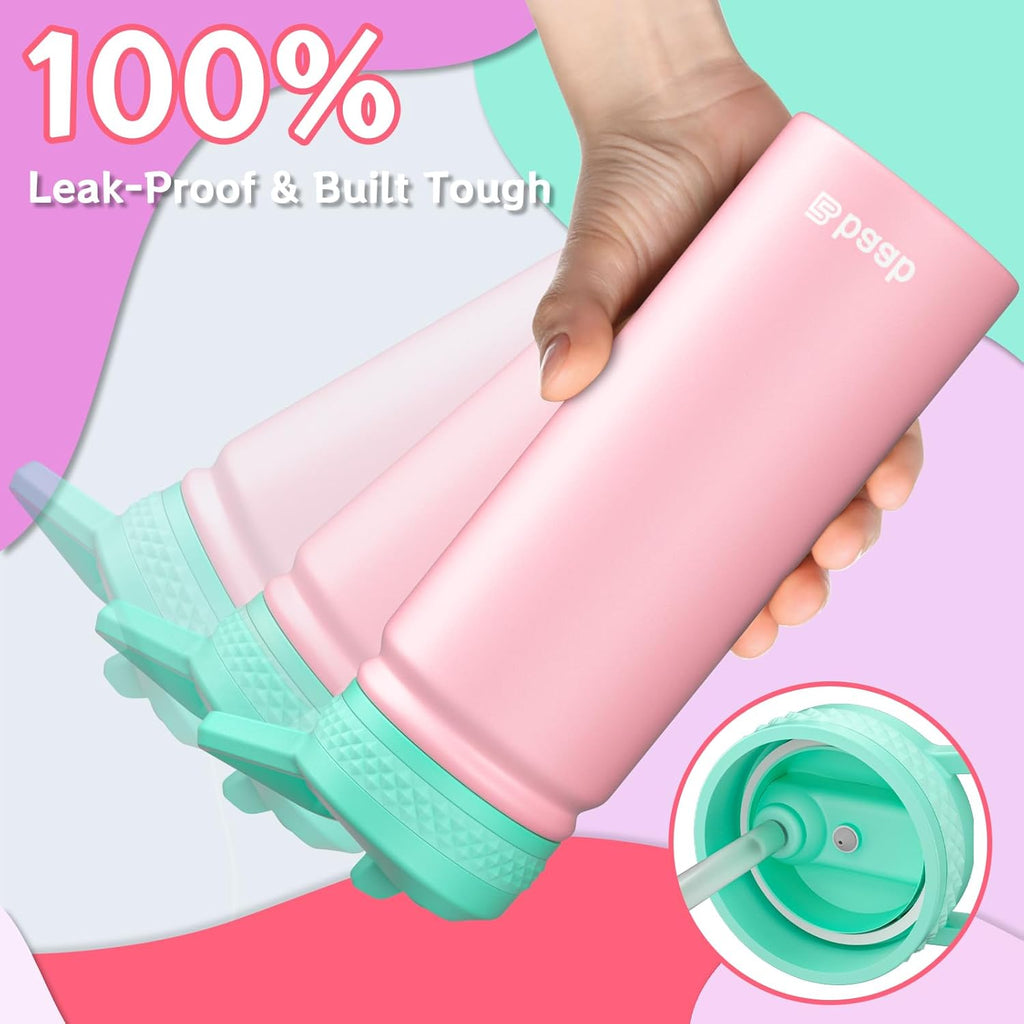 baab 18oz Kids Water Bottle, Insulated Water Bottle with Straw & Stickers, 18/8 Stainless Steel Vacuum Leakproof Kids Water Straw Cup for School, Perfect for Boy Girl (Pink, 1 Pack)