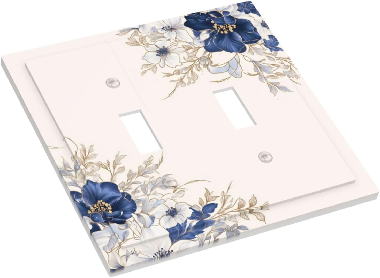 Decorative Light Switch Cover Plate Rustic Blue Beige Flower Peony Floral 2 Gang Outlet Covers Double Toggle Wall Plates for Electrical Outlets Switch Plate Covers Faceplate for Home Decor