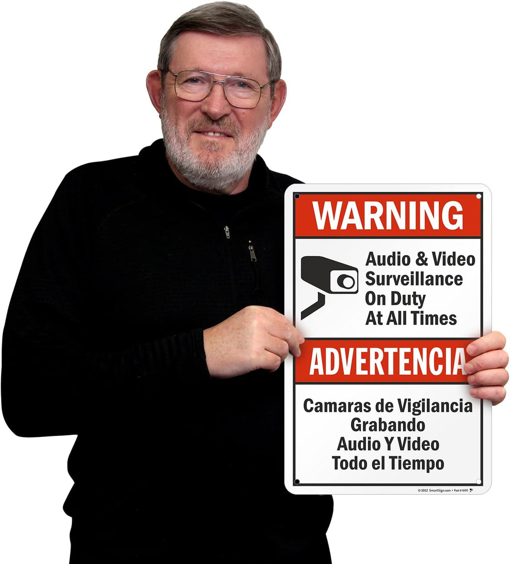 SmartSign 18 x 12 inch “Warning - Audio & Video Surveillance On Duty At All Times” Bilingual Sign, Digitally Printed, 55 mil HDPE Plastic, Red, Black and White, Made in USA