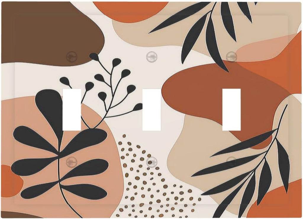 Decorative Switch Plates Boho Botanical Orange Green Beige Minimalist 3 Gang Wall Plate Triple Toggle Light Switch Cover Faceplate Electrical Wall Panels for Bedroom living Room Decor