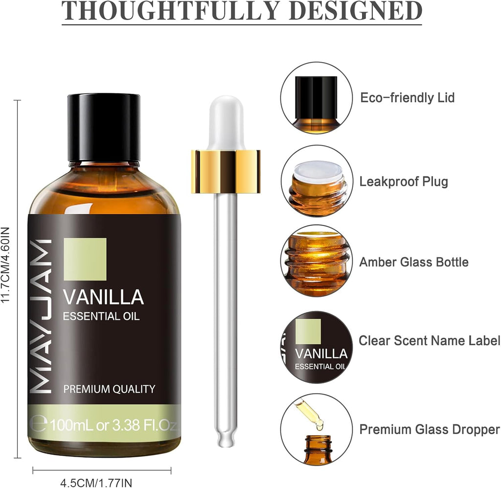 MAYJAM Vanilla Essential Oil 100ML, Pure Essential Oils for Massage, Diffusers, Vanilla Oil Fragrance Oil for Soap Candle Making (3.38FL.OZ Bottle)