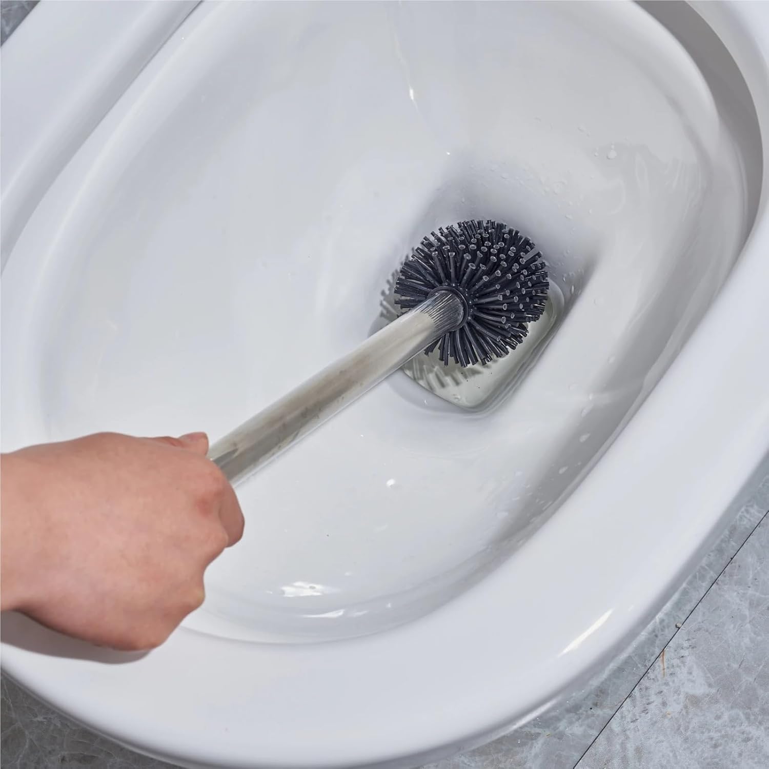 Smart Stainless Steel Black Toilet Brush Holder Standing Long Handle Cleaning Soft TPR Silicone Head