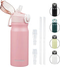Insulated Water Bottle with Straw and Carry Loop,18 oz Stainless Steel Double Wall Vaccum Metal Water Flask with Leak-proof Lid,Pink