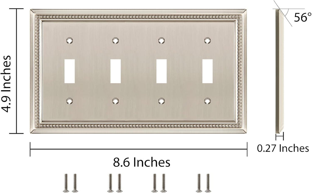 Henne Bery Sunken Pearls Heavy Duty Decorative Wall Plate Switch Plate Outlet Cover (Quad Toggle, Satin Nickel)
