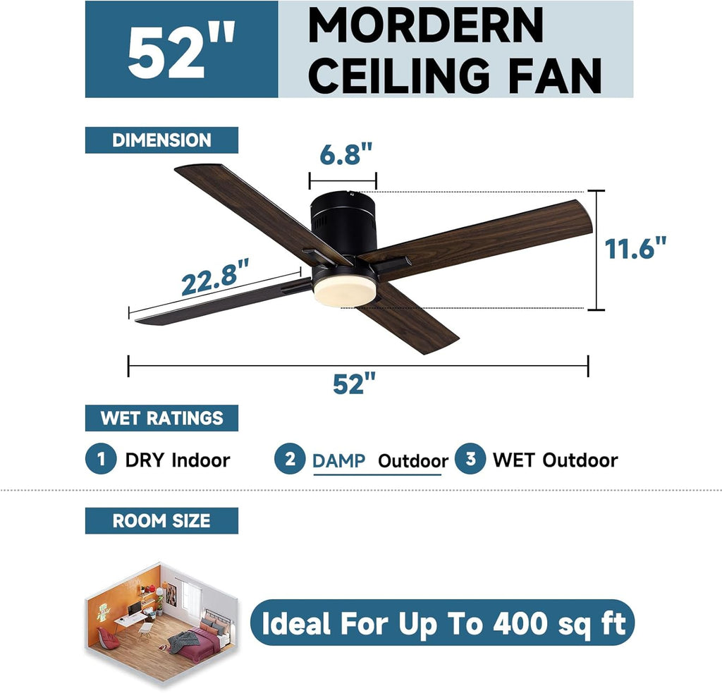 52 Inch Flush Mount Low Profile Ceiling Fan with Light and Remote Control, Reversible 4 Dual Finish Wood Blades, Indoor/Outdoor Ceiling Fan for Patio, Living Room, Bedroom