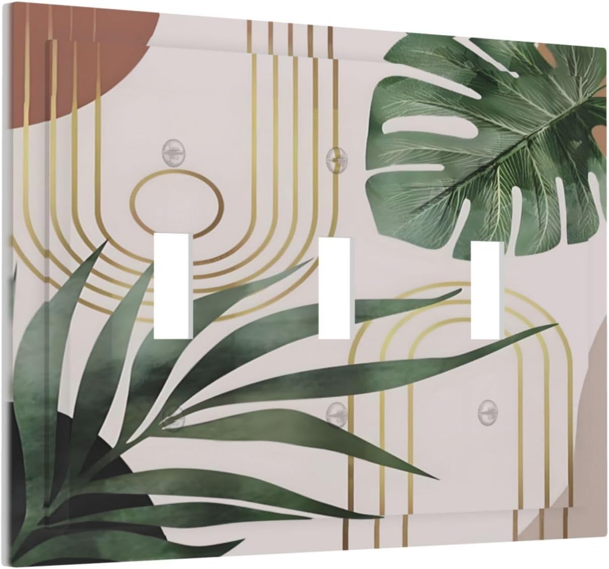 Decorative Light Switch Plate Covers Boho Mid Century Abstract Arch Green Leaves 3 Gang Light Switch Cover Plate Triple Toggle Wall Plate Outlet Covers for Bedroom Home Decor