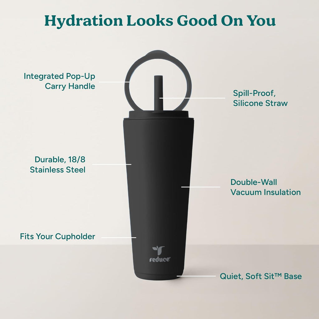 REDUCE Halo 32 oz Stainless Steel Vacuum Insulated Tumbler - Spill Proof Travel Mug with Flip Handle Lid - Keeps Drinks Cold for 32 Hrs - Dishwasher Safe - Cupholder Friendly - Phantom