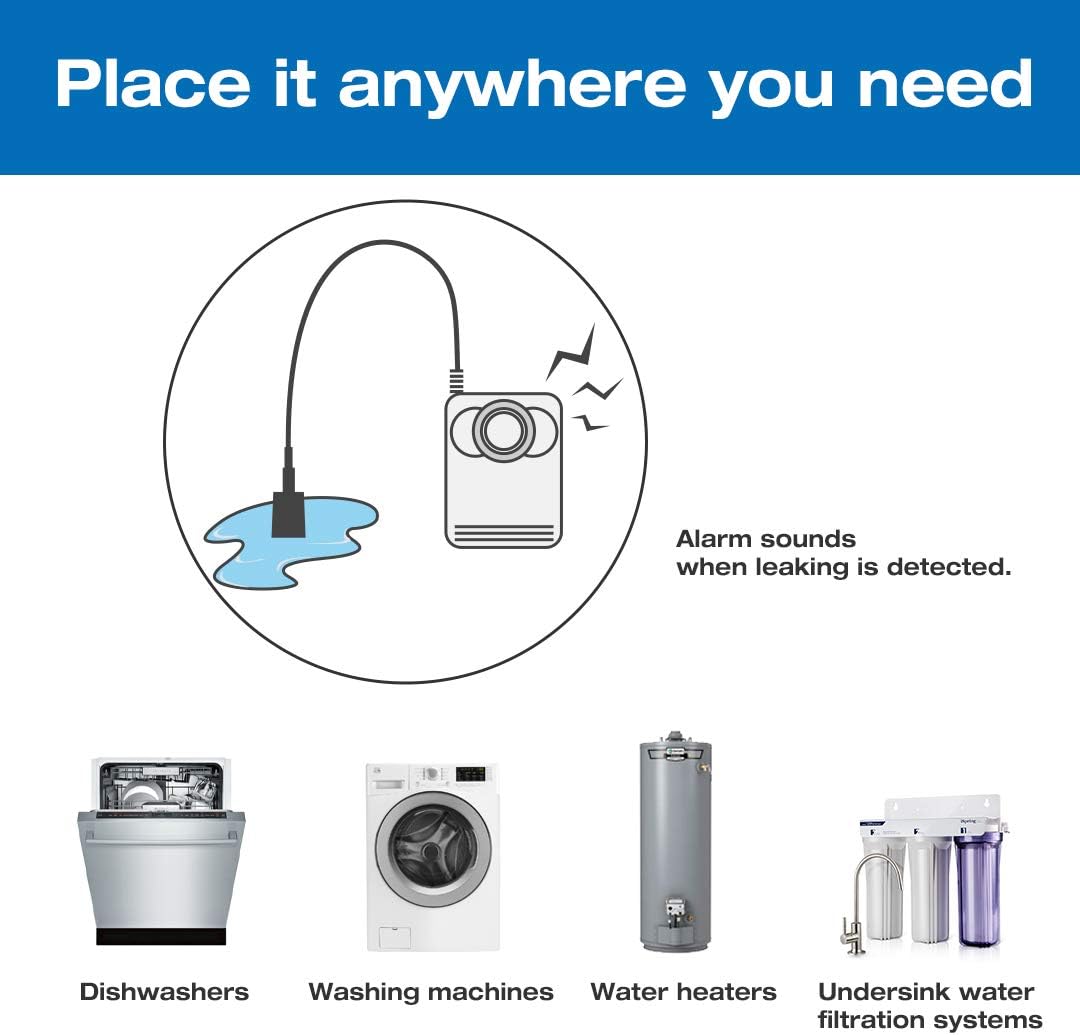 iSpring WD01 Wired Water Leak Detector with 46" Sensor Cable, 110dB Alarm, Leak Alert System for Home, Basement, Sink, Water Heater, Laundry, and RO Filters