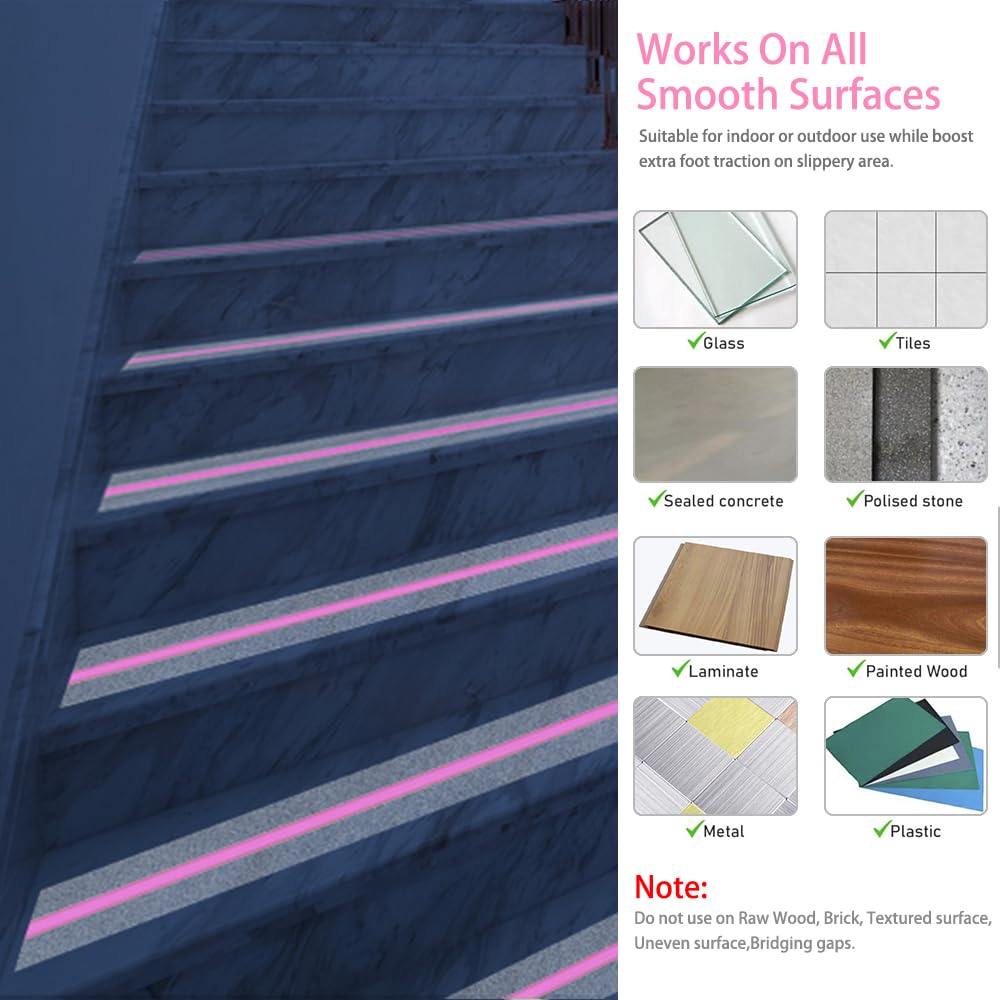 Anti Slip Tape, Clear Glow in The Dark Traction Grip Tape, 2 Inch x 32.8ft Waterproof Indoor/Outdoor, Non Slip Stair Treads Safety Tape(Clear with a line of Glow,Pink, 2" Width)