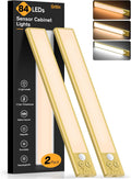 Gritin 10.2inch Under Cabinet Lighting Rechargeable -84 LED Super Bright,3-Color& 5 Level Brightness,4 Modes,Motion Sensor, Long Lasting- Easy Installation Magnetic Closet Lights -2 Pack-Gold