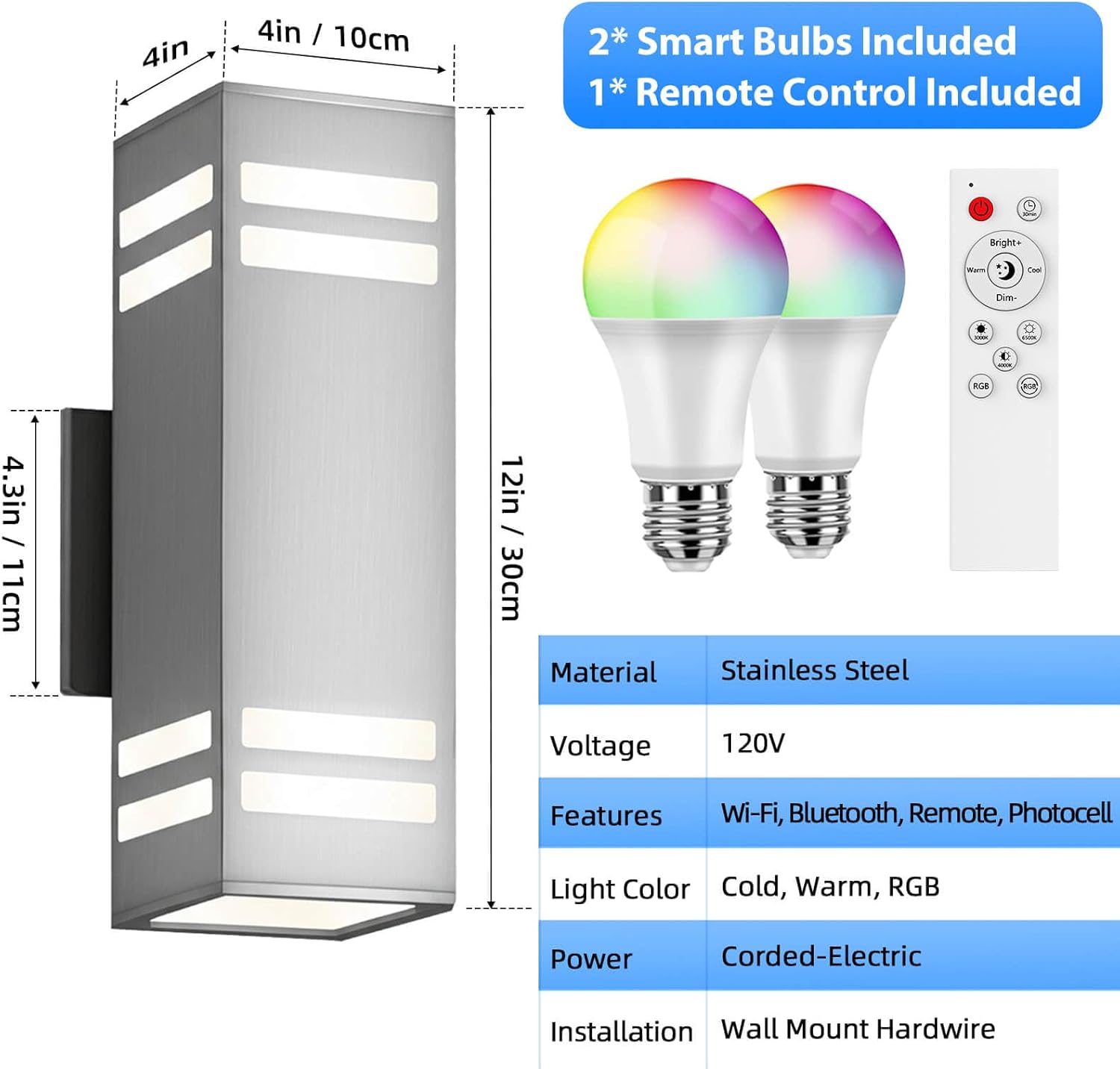 SHIMR Smart Outdoor Wall Light, RGBCW Color Changing WiFi & Bluetooth LED Sconce, Stainless Steel, Dusk to Dawn Sensor, Waterproof Exterior Lighting Fixture with E26 Base, Work with Alexa & Google